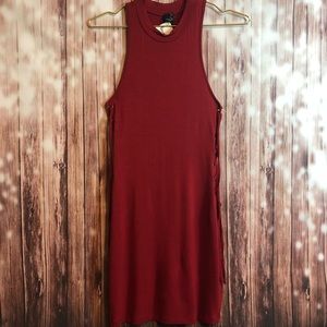 Red side lace up body con dress u neck